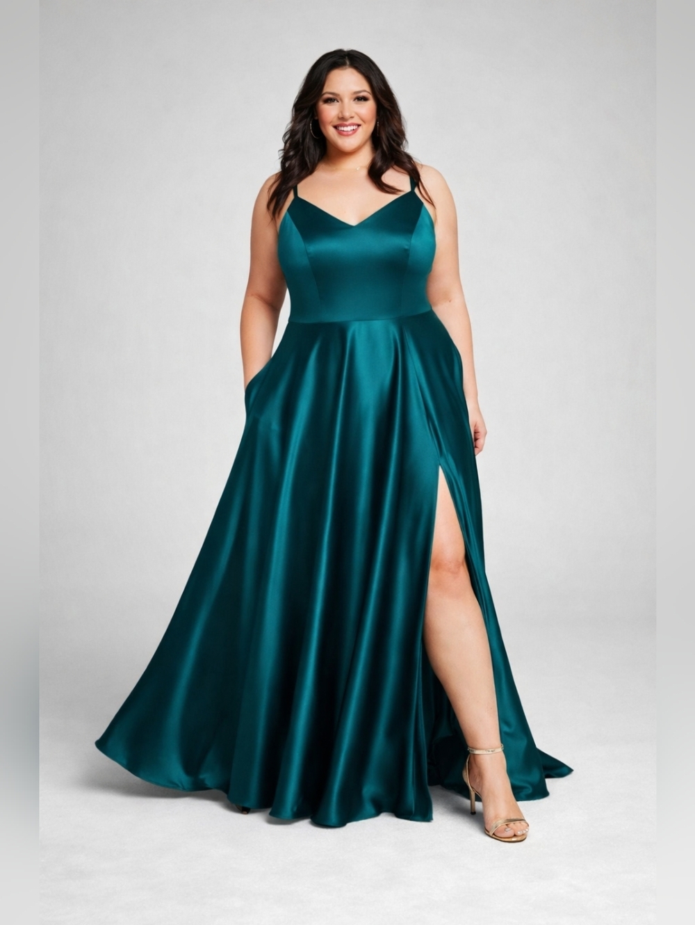 B.Darlin Teal Satin Maxi Dress Slit Plus Size 14/16 Ball Grown Prom Evening
